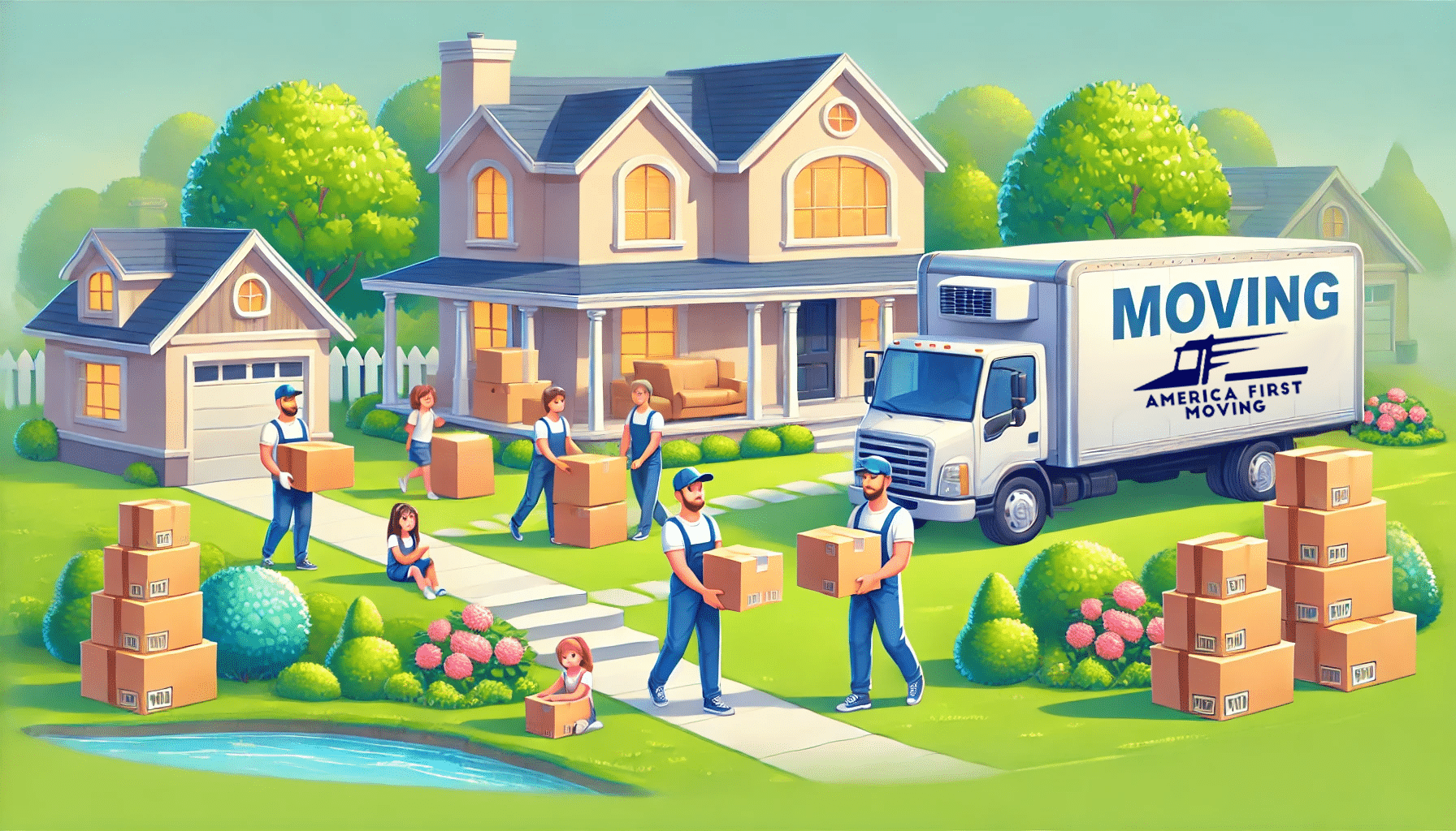 An illustration of a family moving into a new home, featuring movers carrying furniture and boxes. A moving truck is parked in front of a cozy house with a lush green lawn. The family appears happy and relaxed, with children playing near the boxes while movers efficiently handle the heavy lifting. The vibrant and cheerful scene conveys a sense of ease and excitement.