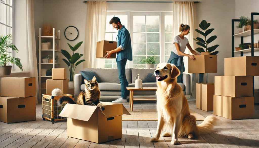 An illustration of a family with a dog and cat, smiling in their new home surrounded by moving boxes, depicting a smooth and pet-friendly moving experience.