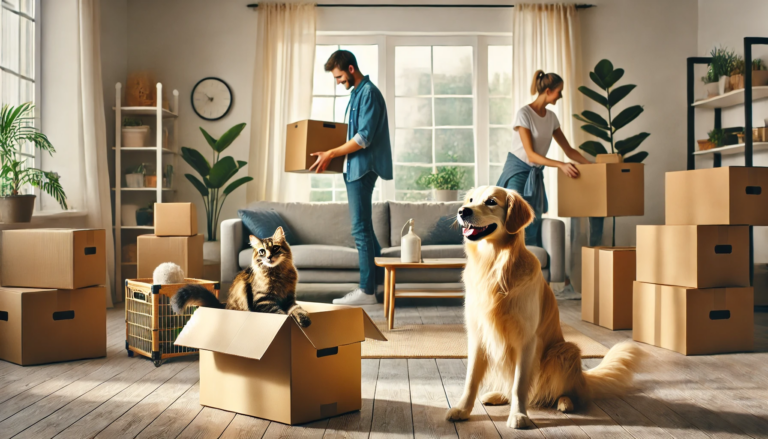 An illustration of a family with a dog and cat, smiling in their new home surrounded by moving boxes, depicting a smooth and pet-friendly moving experience.