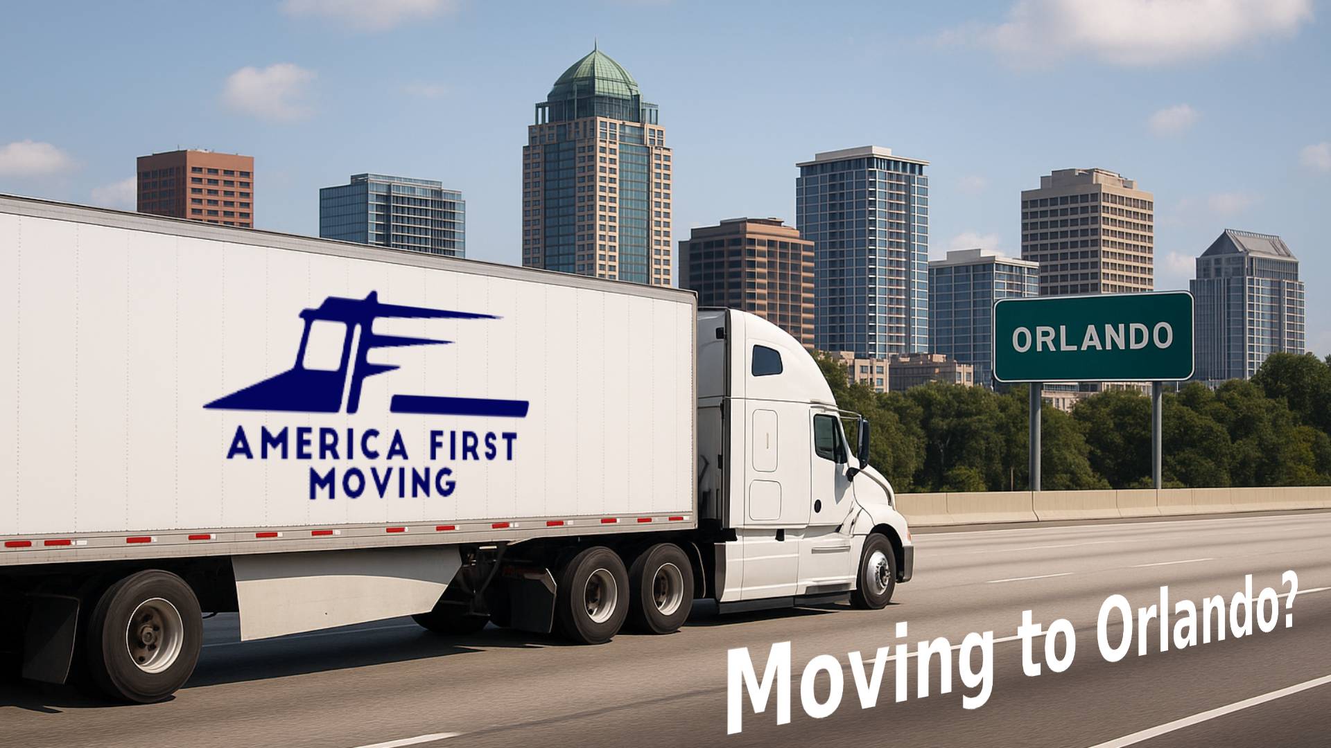 An illustration depicting a happy family unloading moving boxes in front of their new Orlando home, with recognizable Orlando landmarks in the background.