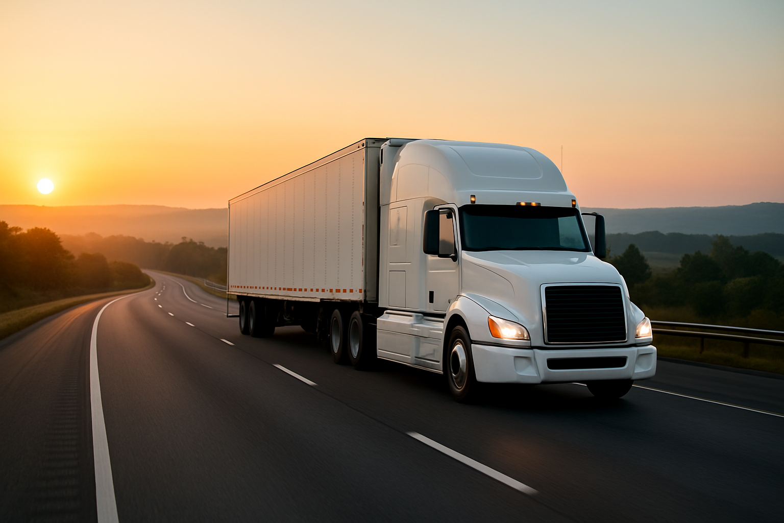 America First Moving long-haul truck on the highway at sunrise.