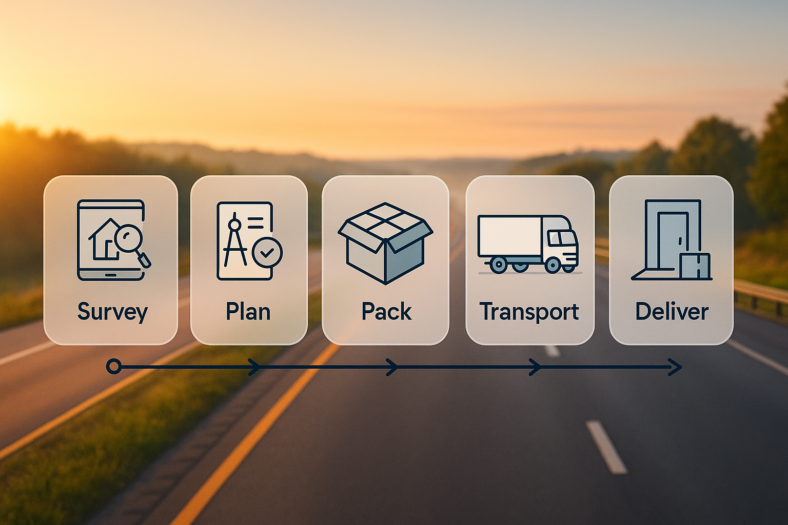 Five-step long-haul moving process from survey to delivery.