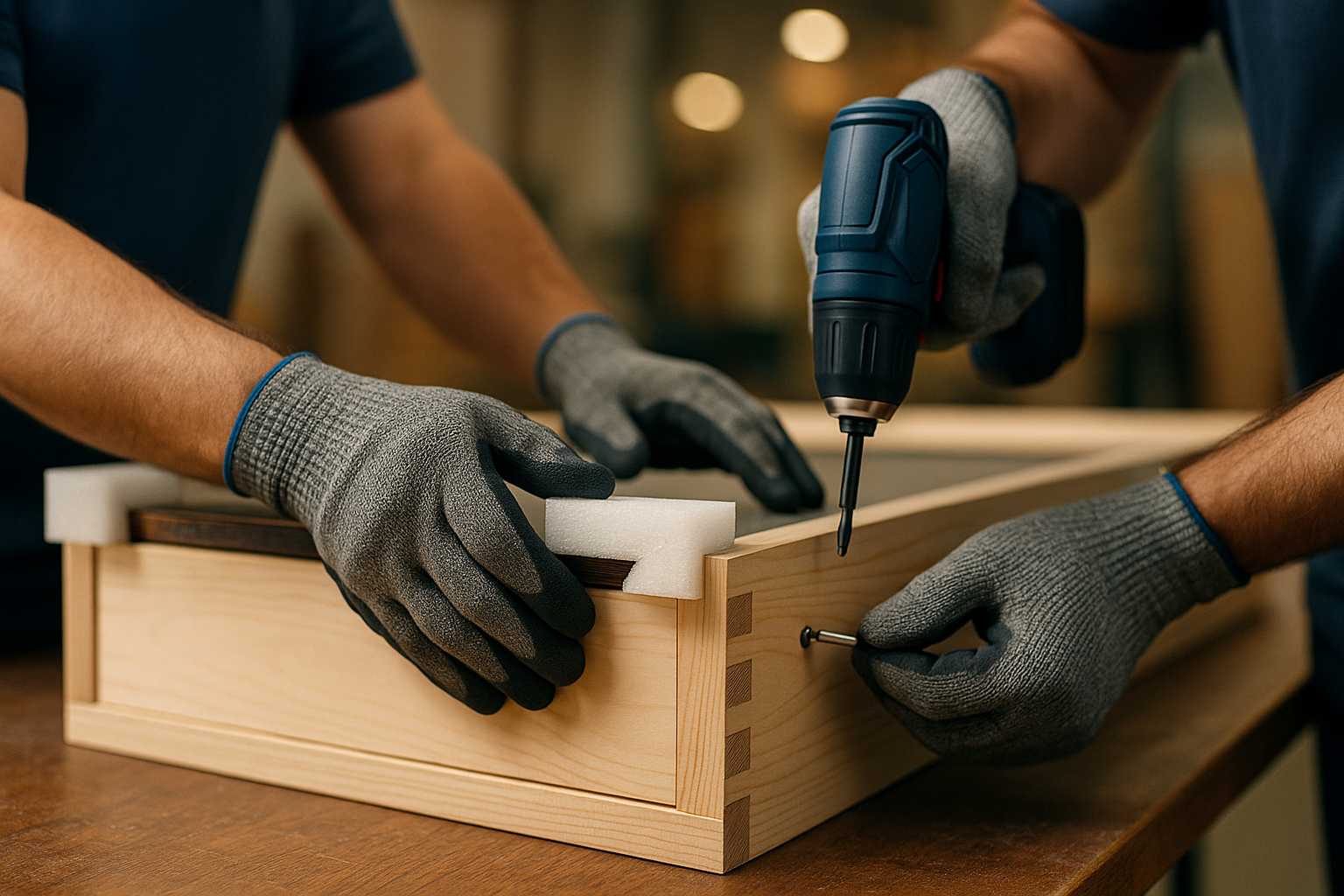 AFM specialists building a custom wooden crate for artwork.