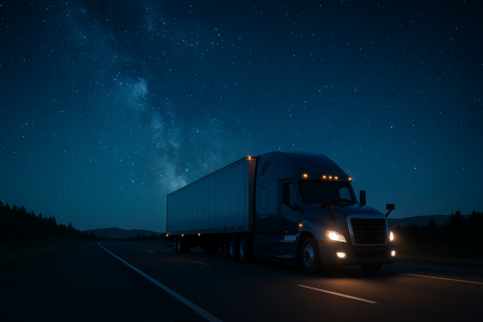 America First Moving long-haul truck at night on the highway.