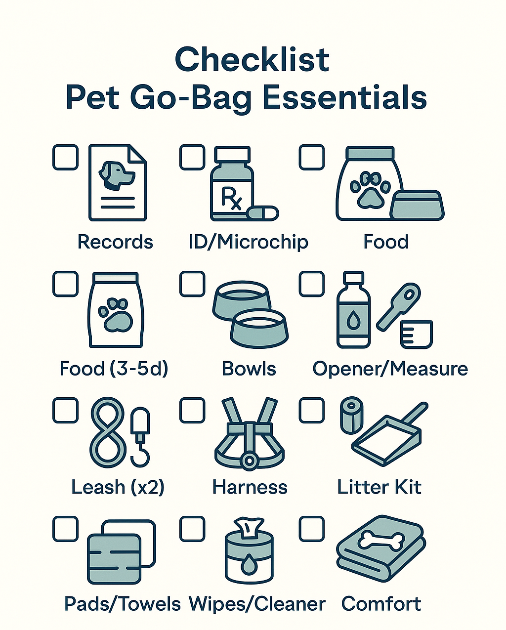 Checklist grid of pet go-bag essentials with empty checkboxes beside each item and simple icons for quick packing.