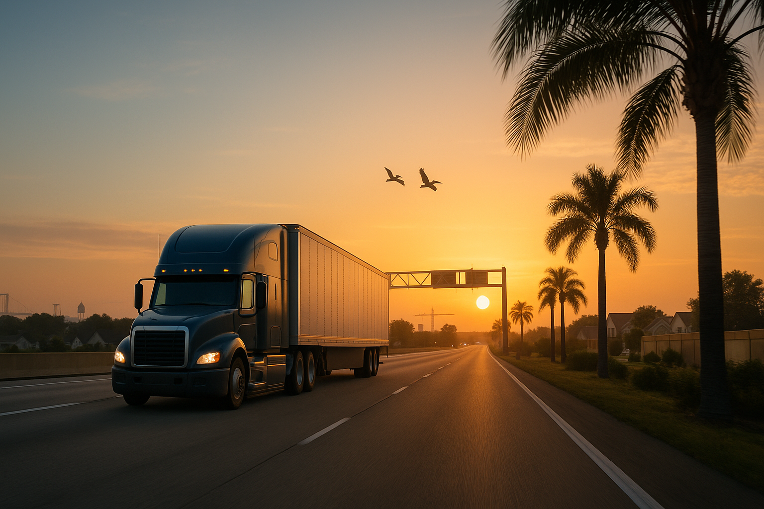 America First Moving long-haul truck heading south on I-95 at sunrise toward Florida.