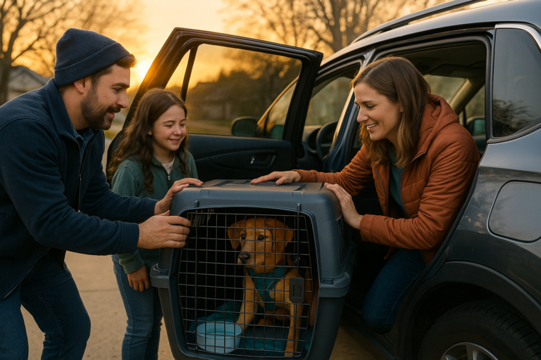 Family loads a dog in a secured crate, harness on, water bowl anchored, into a rear car seat at dawn before a long-distance move.