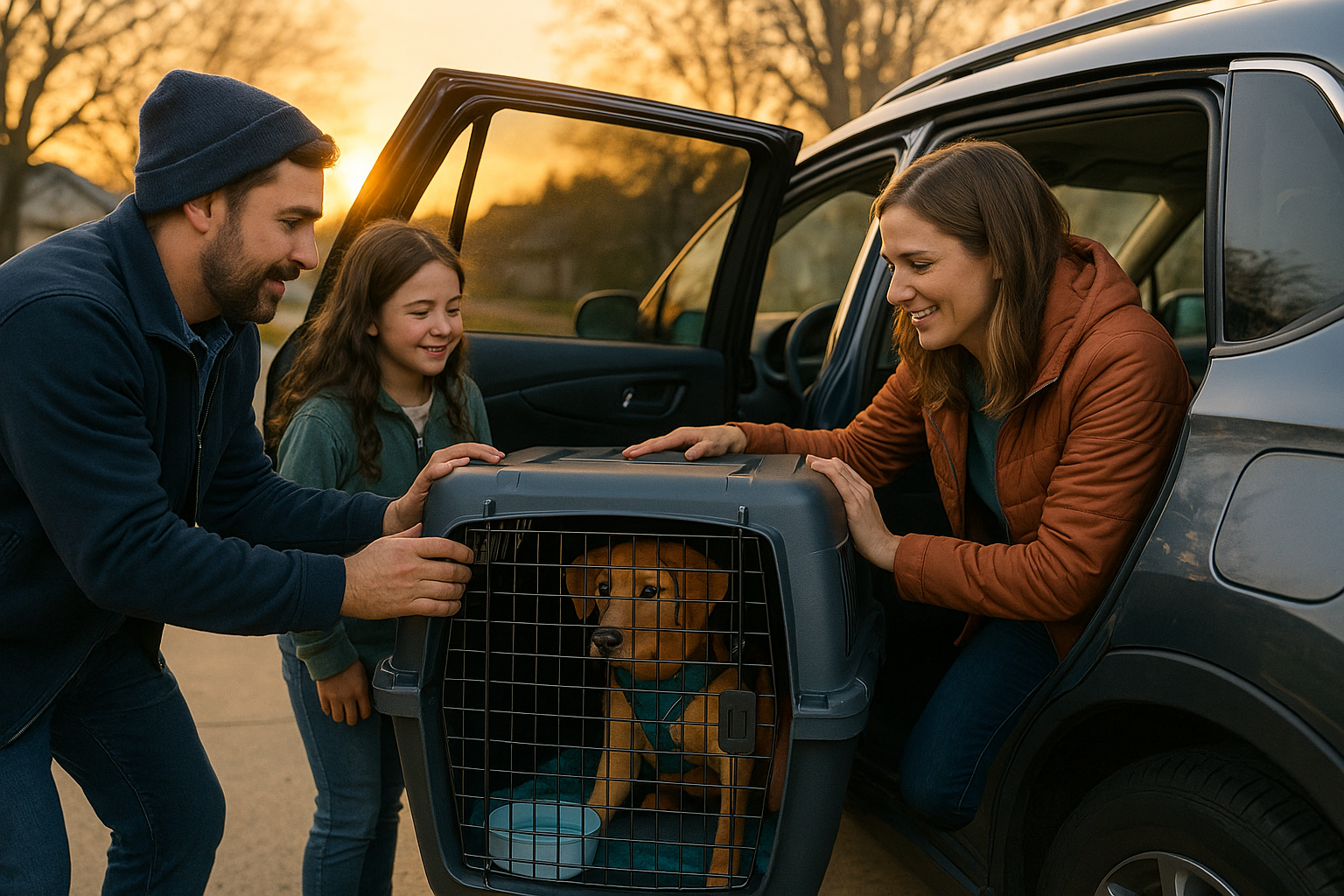 Family loads a dog in a secured crate, harness on, water bowl anchored, into a rear car seat at dawn before a long-distance move.