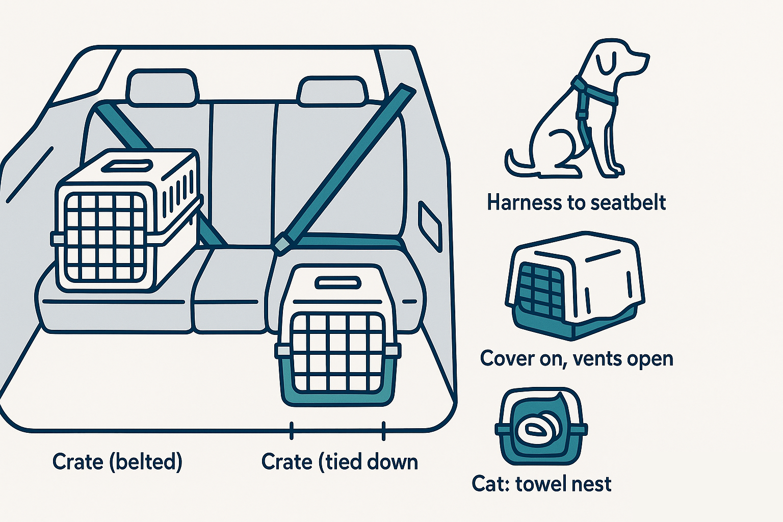 Simple diagram showing a pet crate secured on rear seat or cargo area, a harness clipped to a seatbelt, and covered carriers with vents open.