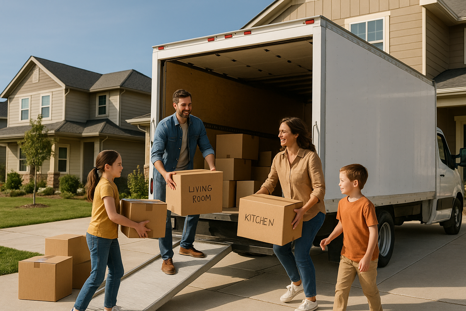 Family loading a 26-foot moving truck for a long-haul U.S. move