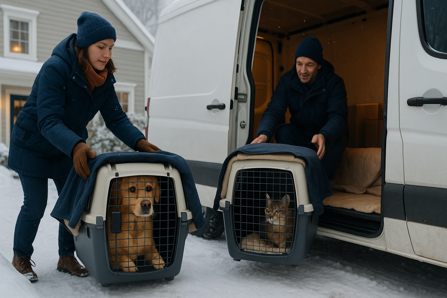 Dog and cat in winter-ready travel crates being loaded into a moving van on a snowy day.