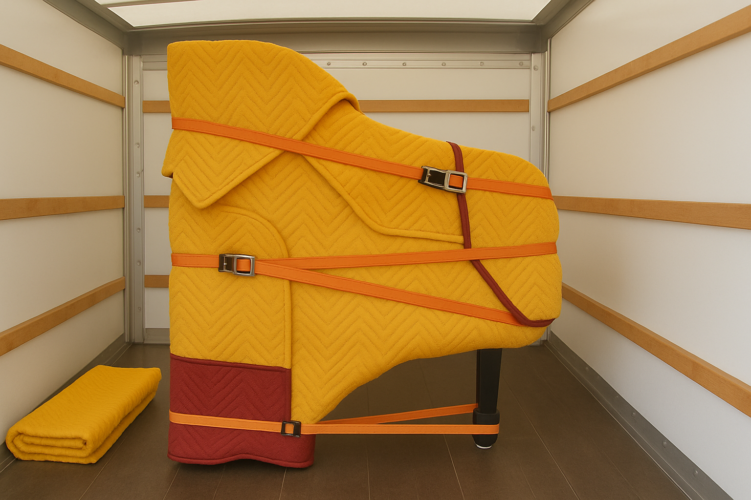 America First Moving specialty item movers carefully loading a grand piano onto a moving truck.