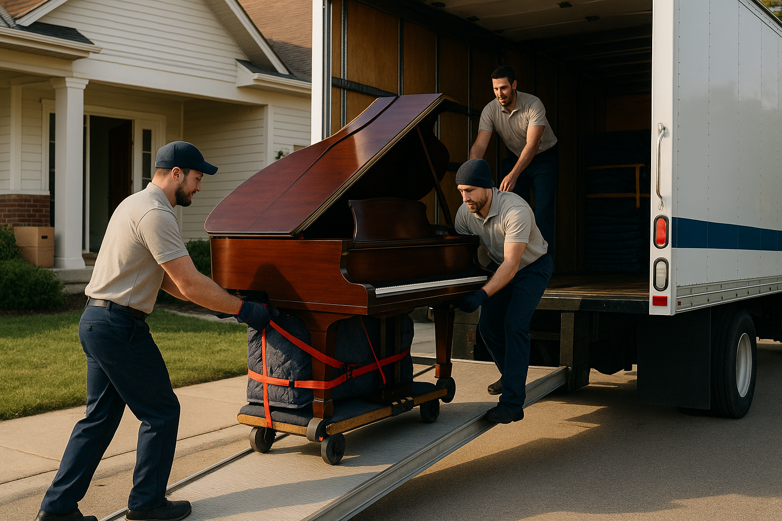 America First Moving specialty item movers carefully loading a grand piano onto a moving truck.