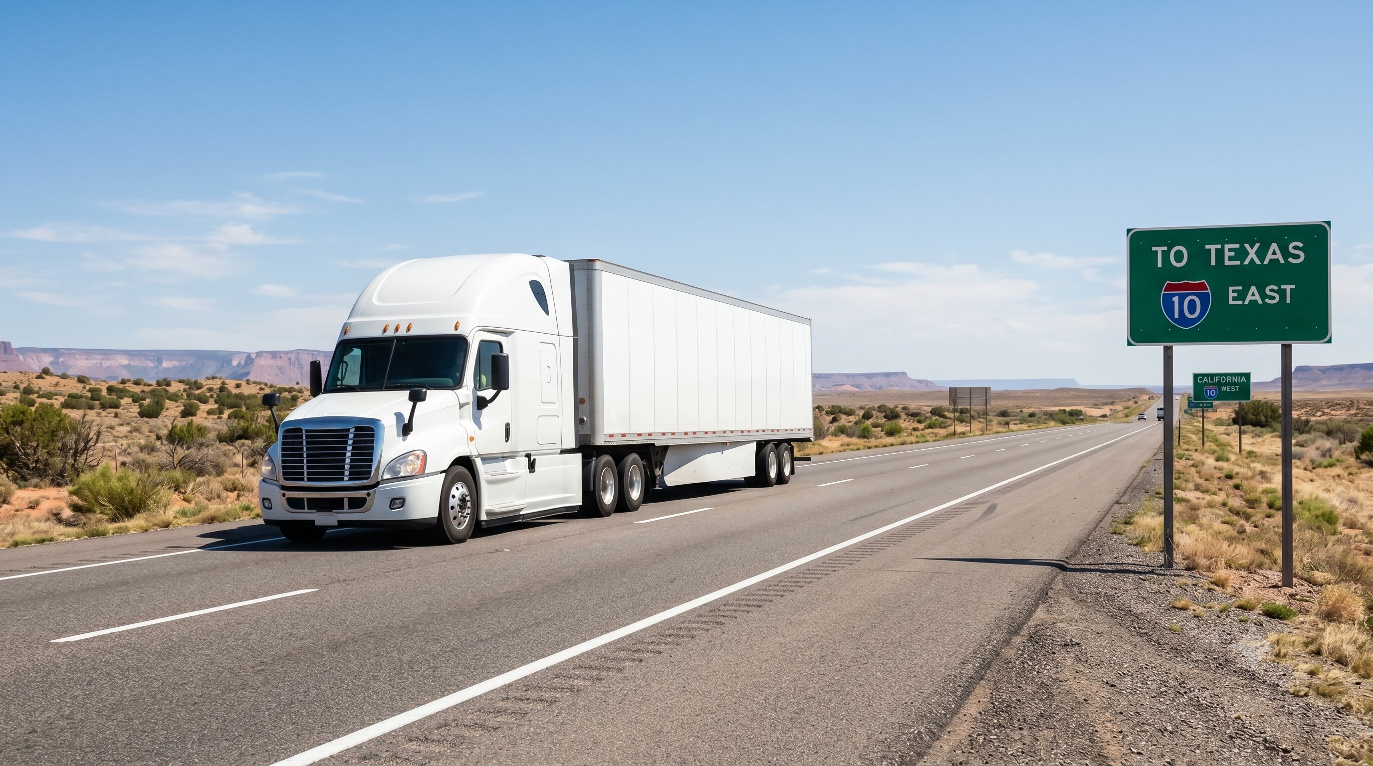 Hyper-realistic photograph of a clean, unbranded white long-haul moving truck driving on an open desert interstate highway.