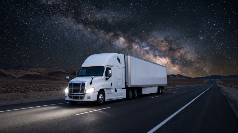 Photograph of a clean, unbranded white long-haul moving truck driving on an empty highway at night under a vast, starry sky.